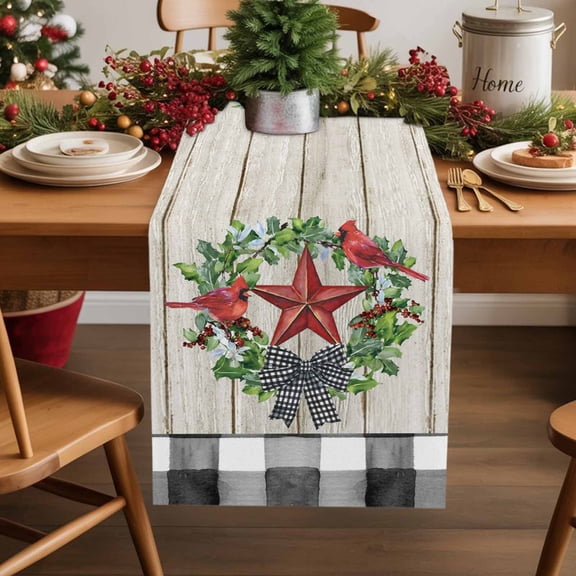 Table Runner 13x90in Inches Long, Farm Cardinals Bow on WoodLinen Washable Dresser Scarf Black White PlaidKitchen Dinning Tablerunners for Holiday/Party/Wedding/Home Tables Decor