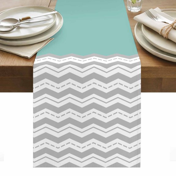 Table Runner 13x90in Inches Long, Gray Ripple Zigzag Chevron Linen Washable Dresser Scarf Teal Watercolor Kitchen Dinning Tablerunners for Holiday/Party/Wedding/Home Tables Decor