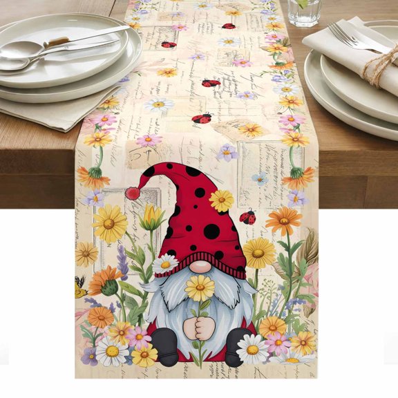 Table Runner 13x90in Inches Long, Ladybug Dwarf Daisy Flower Watercolor Linen Washable Dresser Scarf Watercolor Floral Retro Letter Kitchen Dinning Tablerunners for Holiday/Party/Home Tables Decor