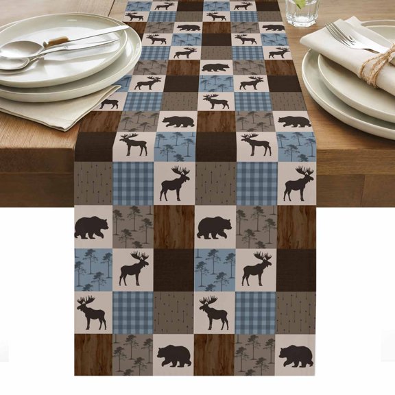Table Runner 13x90in Inches Long, Retro Deer Bear Plaid Check Linen Washable Dresser Scarf Abstract Patchwork Pattern Kitchen Dinning Tablerunners for Holiday/Party/Wedding/Home Tables Decor