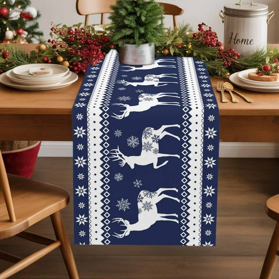 Table Runner 13x90in Inches Long, Xmas Reindeer Winter SnowflakeLinen Washable Dresser Scarf Abstract Geometric Snow BlueKitchen Dinning Tablerunners for Holiday/Party/Wedding/Home Tables Decor