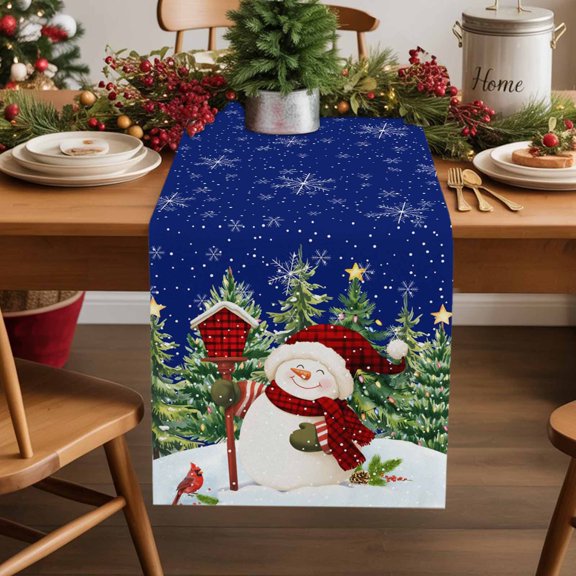 Table Runner 13x90in Inches Long, Xmas Snowman Pine Tree BirdLinen Washable Dresser Scarf Winter Star Snowflakes on BlueKitchen Dinning Tablerunners for Holiday/Party/Wedding/Home Tables Decor