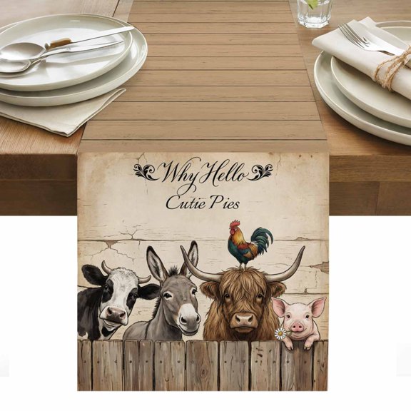 Table Runner 13x90in Long, Farm Cow Donkey Pig Rooster Linen Washable Dresser Scarf Retro Wood Fence Shabby Wall Kitchen Dinning Tablerunners for Holiday/Party/Wedding/Home Tables Decor