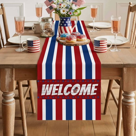 Table Runner 13x90in Long, Funny Dwarfs and Flag Balloon Linen Washable Dresser Scarf Blue Red Stars Kitchen Dinning Tablerunners for Holiday/Party/Wedding/Home Tables Decor