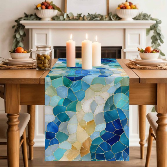 Table Runner 36 Inch Long - Abstract Blue Yellow Glass Shard Decorative Table Scarf, Seamless Broken Tile Print Dining Table Runners for Wedding Party Kitchen Dining Tables