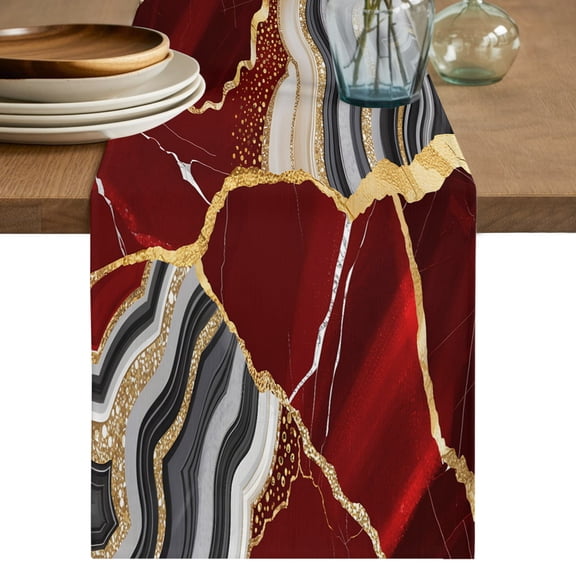 Table Runner 36 Inch Long - Abstract Flowing Marble Fluid Art Decorative Table Scarf, Red and Gold Lines Dining Table Runners for Wedding Party Kitchen Dining Tables