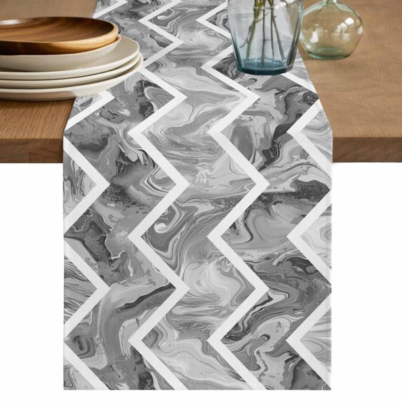 Table Runner 36 Inch Long - Abstract Geometric Grey Stripe Zigzag Chevron Decorative Table Scarf, Modern Marble Line Dining Table Runners for Wedding Party Kitchen Dining Tables