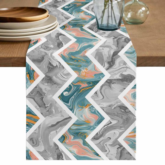 Table Runner 36 Inch Long - Abstract Geometric Zigzag Chevron Decorative Table Scarf, Modern Marble Texture Dining Table Runners for Wedding Party Kitchen Dining Tables