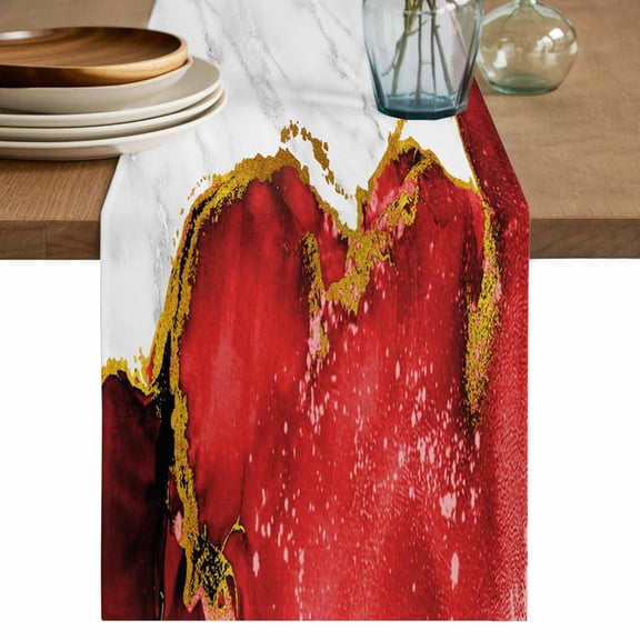 Table Runner 36 Inch Long - Abstract Marble Stone Texture Decorative Table Scarf, Modern Red Gold White Dining Table Runners for Wedding Party Kitchen Dining Tables