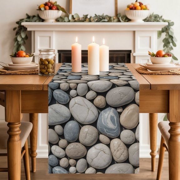 Table Runner 36 Inch Long - Abstract Natural Grey Cobblestone Decorative Table Scarf, Modern Grey Pebble Stone Dining Table Runners for Wedding Party Kitchen Dining Tables
