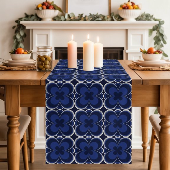 Table Runner 36 Inch Long - Abstract Navy Blue Four Leaf Clovers Decorative Table Scarf, Flower Texture Dining Table Runners for Wedding Party Kitchen Dining Tables