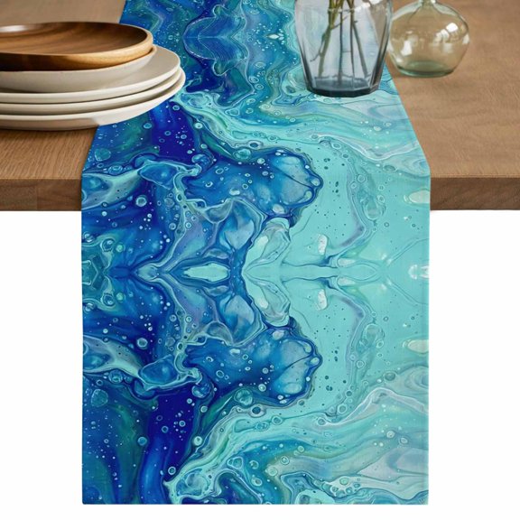 Table Runner 36 Inch Long - Abstract Ocean Marble Texture Decorative Table Scarf, Fluid Blue Teal Swirling Dining Table Runners for Wedding Party Kitchen Dining Tables