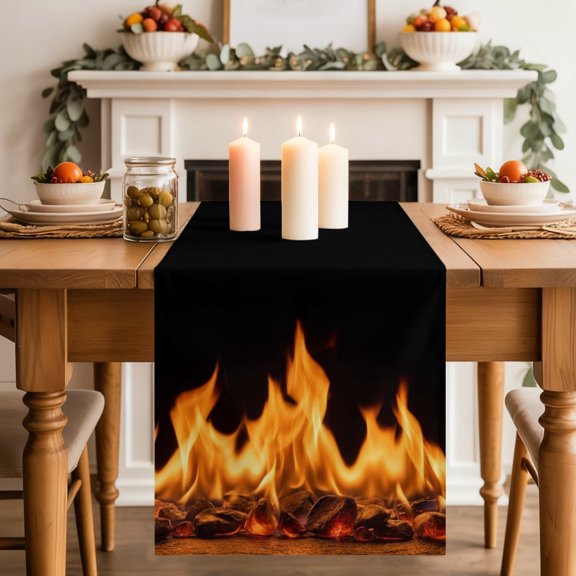 Table Runner 36 Inch Long - Abstract Orange Flame on Black Decorative Table Scarf, Flickering Fire Pattern Dining Table Runners for Wedding Party Kitchen Dining Tables