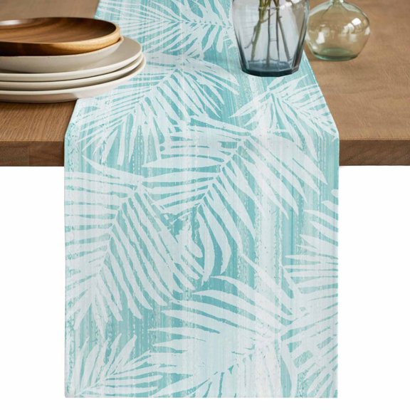 Table Runner 36 Inch Long - Abstract Palm Leaves Silhouette Decorative Table Scarf, Summer Plant Teal Stripe Dining Table Runners for Wedding Party Kitchen Dining Tables