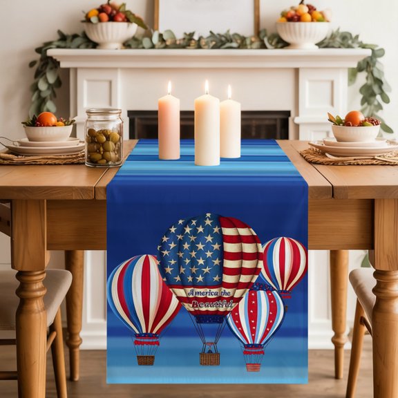 Table Runner 36 Inch Long - Blue Beautiful America Words Decorative Table Scarf, USA Flag Hot Air Balloon Dining Table Runners for Wedding Party Kitchen Dining Tables