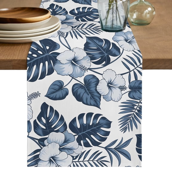 Table Runner 36 Inch Long - Blue Flower Tropical Palm Leaves Decorative Table Scarf, Hawaiian Plant Branch Dining Table Runners for Wedding Party Kitchen Dining Tables