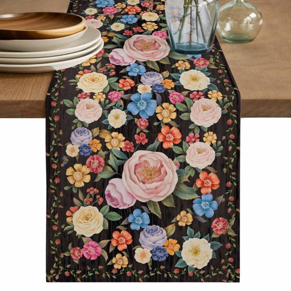 Table Runner - 36 Inch Long, Boho Pink Flower Kitchen Dining Table Runner Dresser Scarves, Spring Watercolor Country Floral Plant Farmhouse Decor for Coffee Tables Wedding Party Banquet