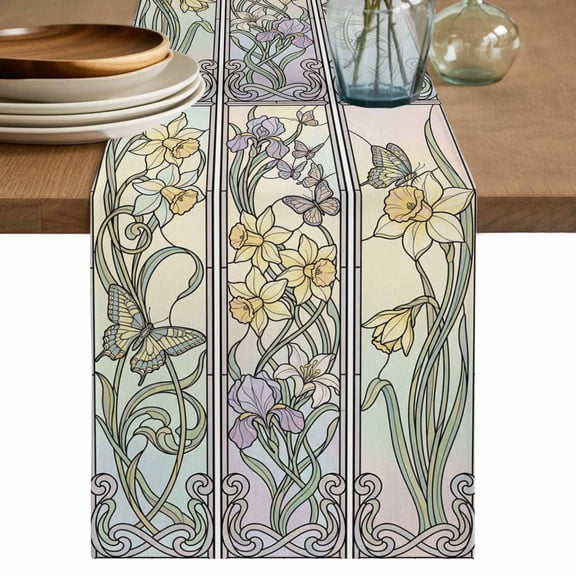 Table Runner - 36 Inch Long, Butterflies Flowers Kitchen Dining Table Runner Dresser Scarves, Vintage Geometric Colorful Glass Floral Farmhouse Decor for Coffee Tables Wedding Party Banquet