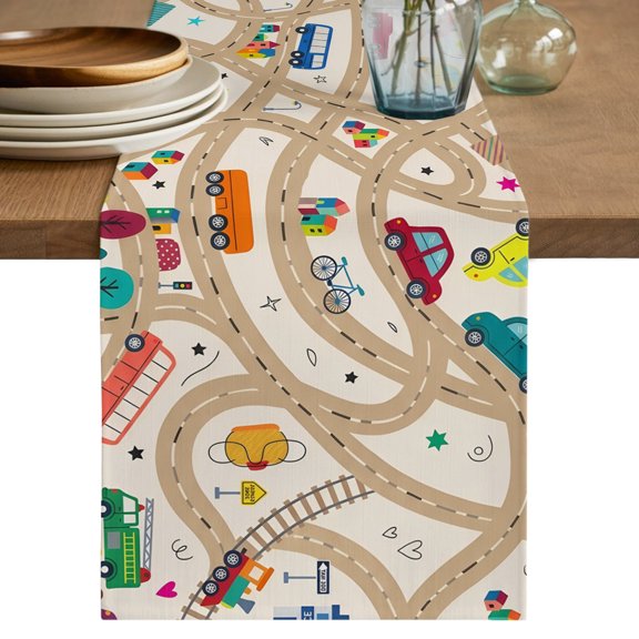 Table Runner - 36 Inch Long, Cars Buses Kitchen Dining Table Runner Dresser Scarves, Cartoon Brown City Street Map Traffic Educational Farmhouse Decor for Coffee Tables Wedding Party Banquet