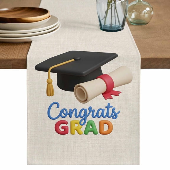 Table Runner 36 Inch Long - Cartoon Bachelor's Hat on Beige Decorative Table Scarf, Congrats Grad Quote Dining Table Runners for Wedding Party Kitchen Dining Tables