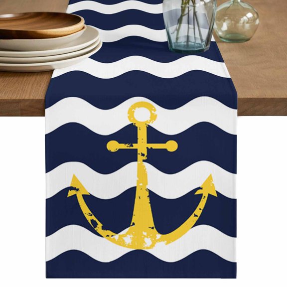 Table Runner 36 Inch Long - Chic Nautical Anchor on Navy Blue White Sripes Decorative Table Scarf, Chevron Zig Zag Dining Table Runners for Wedding Party Kitchen Dining Tables