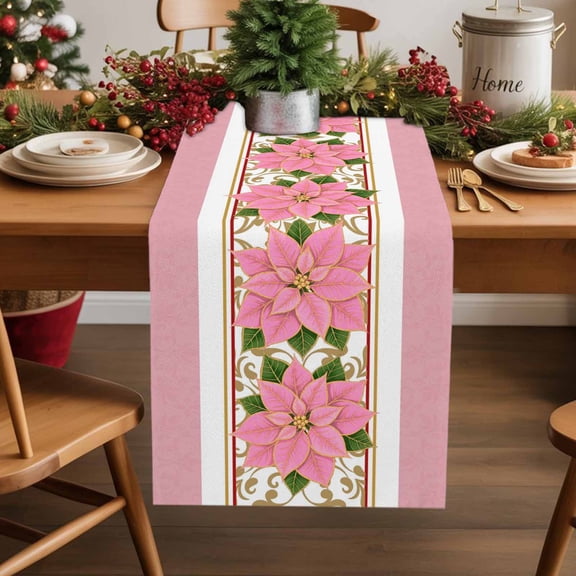 Table Runner 70 Inch Long - Christmas Farm FlowersDecorative Table Scarf,Classic Pink Geometric StripedDining Table Runners for Wedding Party Kitchen Dining Tables