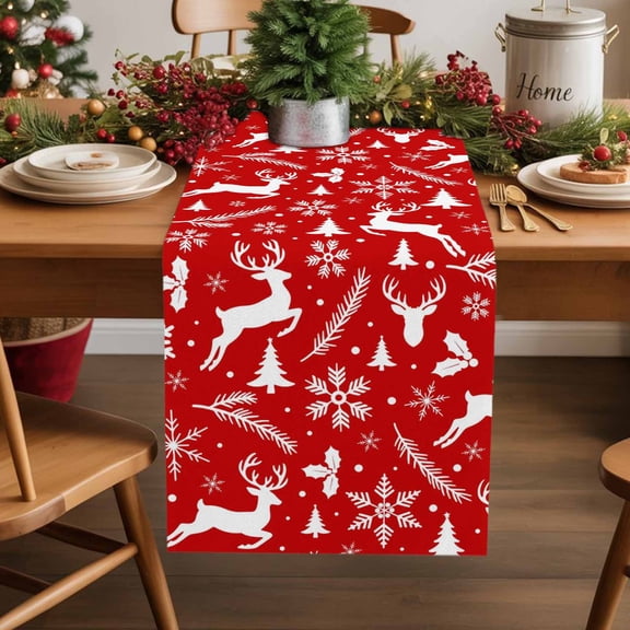 Table Runner 70 Inch Long - Christmas Reindeer SnowflakesDecorative Table Scarf,Red and WhiteDining Table Runners for Wedding Party Kitchen Dining Tables