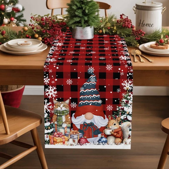 Table Runner 70 Inch Long - Christmas Tree Gnome Cat SquirrelDecorative Table Scarf,Red Plaid LatticeDining Table Runners for Wedding Party Kitchen Dining Tables