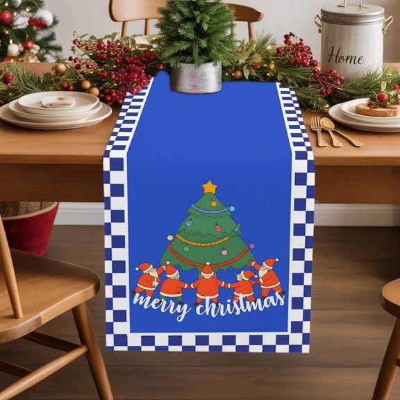 Table Runner 70 Inch Long - Christmas Tree Santa ClausDecorative Table Scarf,Blue Geometric PlaidDining Table Runners for Wedding Party Kitchen Dining Tables