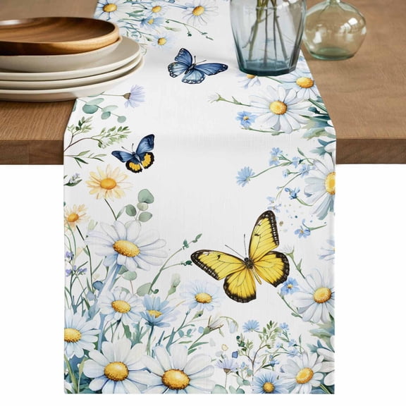 Table Runner 36 Inch Long - Country Daisy Flower Butterfly Decorative Table Scarf, Blossom Floral on White Dining Table Runners for Wedding Party Kitchen Dining Tables