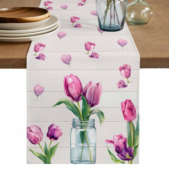 Table Runner 36 Inch Long - Country Pink Tulips Glass Vase Decorative Table Scarf, Pastoral Petals Wood Plank Dining Table Runners for Wedding Party Kitchen Dining Tables