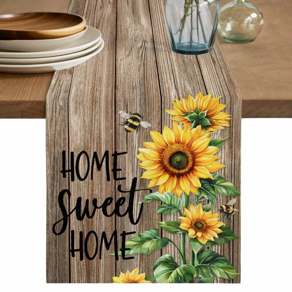 Table Runner 36 Inch Long - Country Sunflower Bee Green Leaves Decorative Table Scarf, Farm Retro Wood Board Dining Table Runners for Wedding Party Kitchen Dining Tables