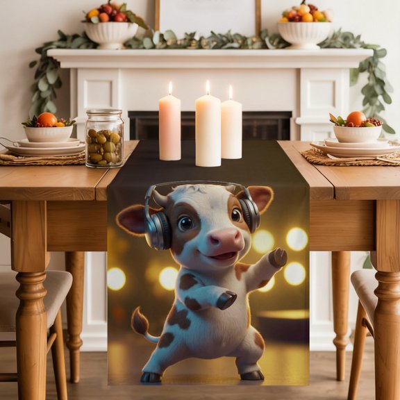 Table Runner 36 Inch Long - Countryside Cows with Headphones Decorative Table Scarf, Farm Funny Animal Art Dining Table Runners for Wedding Party Kitchen Dining Tables