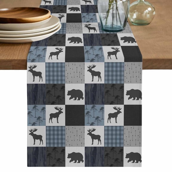 Table Runner 36 Inch Long - Deer Bear Retro Grey Plaid Decorative Table Scarf, Forest Animal Shadow Dining Table Runners for Wedding Party Kitchen Dining Tables
