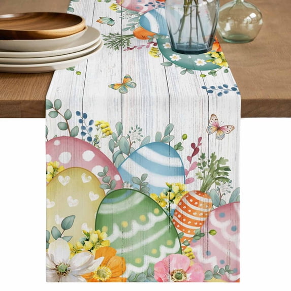 Table Runner - 36 Inch Long, Easter Eggs Kitchen Dining Table Runner Dresser Scarves, Spring Flowers Eucalyptus Leaves Wooden Grain Farmhouse Decor for Coffee Tables Wedding Party Banquet