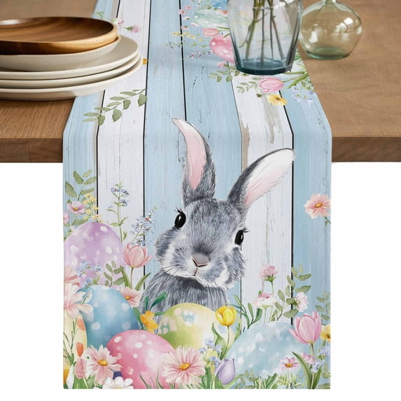 Table Runner - 36 Inch Long, Easter Kitchen Dining Table Runner Dresser Scarves, Country Spring Bunny Eggs Botanicals Wooden Plank Farmhouse Decor for Coffee Tables Wedding Party Banquet