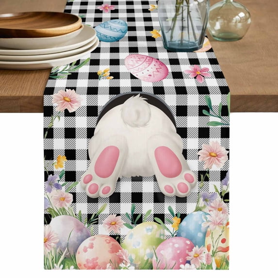 Table Runner - 36 Inch Long, Easter Kitchen Dining Table Runner Dresser Scarves, Spring Bunny Feet Flowers Eggs Black Buffalo Plaid Farmhouse Decor for Coffee Tables Wedding Party Banquet