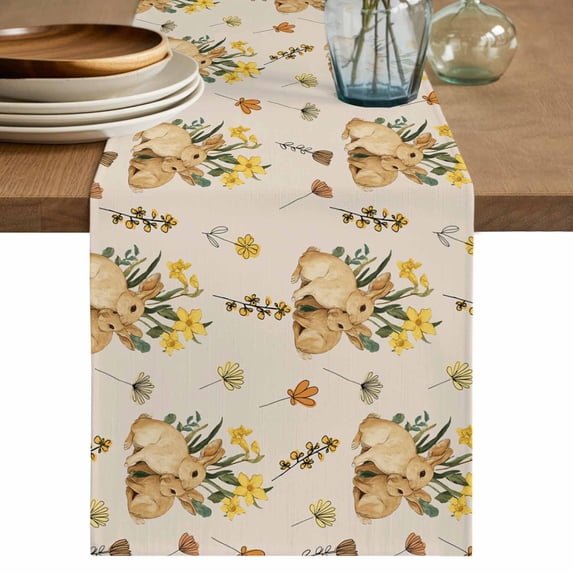 Table Runner - 36 Inch Long, Easter Rabbits Kitchen Dining Table Runner Dresser Scarves, Spring Yellow Flowers Country Plants Vintage Farmhouse Decor for Coffee Tables Wedding Party Banquet