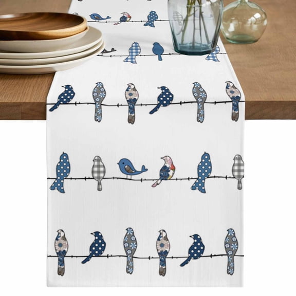 Table Runner 36 Inch Long - Farm Cartoon Birds on Line White Back Decorative Table Scarf, Blue Grey Grid Floral Polka Dot Dining Table Runners for Wedding Party Kitchen Dining Tables