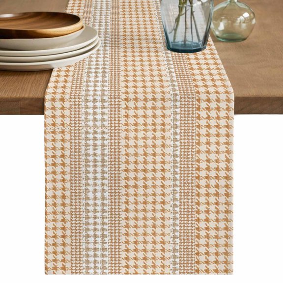Table Runner 36 Inch Long - Farm Lattice Houndstooth Pattern Decorative Table Scarf, Rustic Beige Khaki Plaid Dining Table Runners for Wedding Party Kitchen Dining Tables