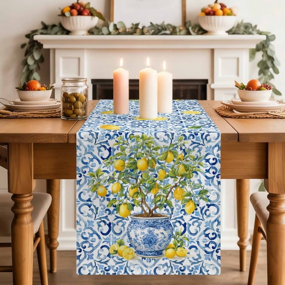 Table Runner 36 Inch Long - Farm Lemon Fruit Leaves Decorative Table Scarf, Blue and White Porcelain Texture Dining Table Runners for Wedding Party Kitchen Dining Tables