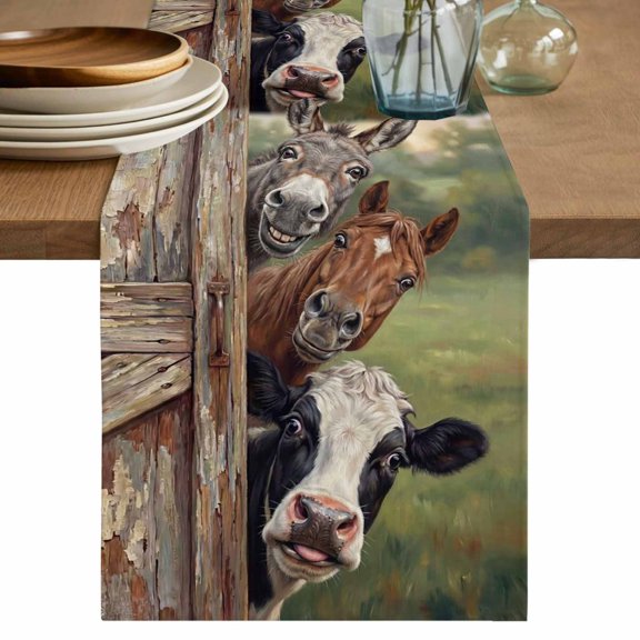 Table Runner - 36 Inch Long, Farmhouse Animals Kitchen Dining Table Runner Dresser Scarves, Country Cows Horses Donkeys Farm Farmhouse Decor for Coffee Tables Wedding Party Banquet