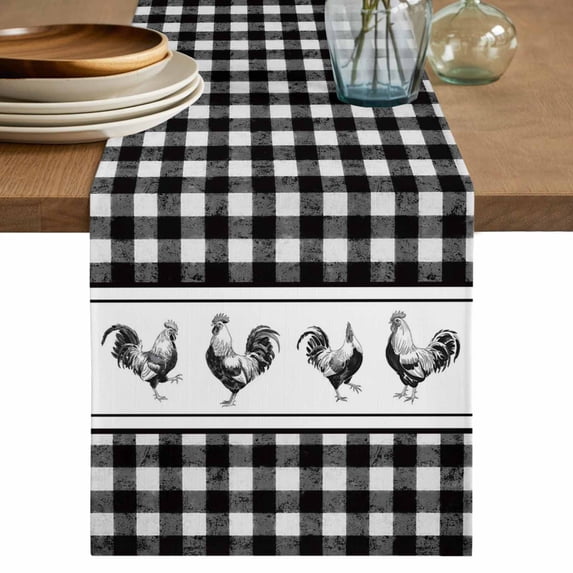 Table Runner - 36 Inch Long, Farmhouse Black Plaid Kitchen Dining Table Runner Dresser Scarves, Vintage Country Cock Checkered Farmhouse Decor for Coffee Tables Wedding Party Banquet