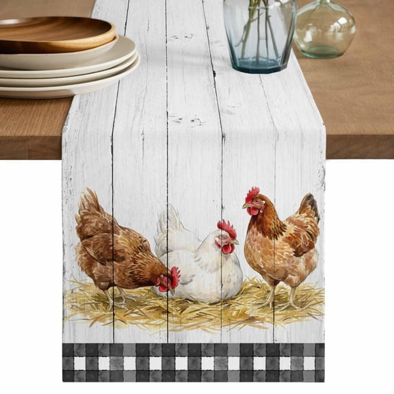 Table Runner 36 Inch Long - Farmhouse Cow Wood Plank Decorative Table Scarf, Farm Animal Buffalo Check Dining Table Runners for Wedding Party Kitchen Dining Tables