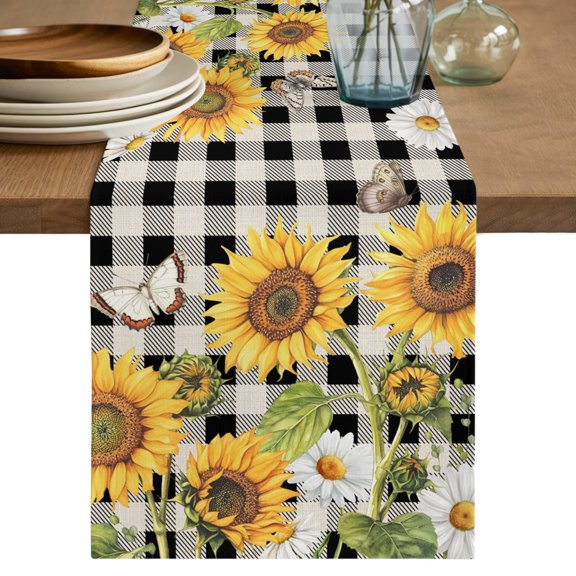 Table Runner 36 Inch Long - Farmhouse Sunflower Butterfly Decorative Table Scarf, Pastoral Flower Buffalo Check Dining Table Runners for Wedding Party Kitchen Dining Tables