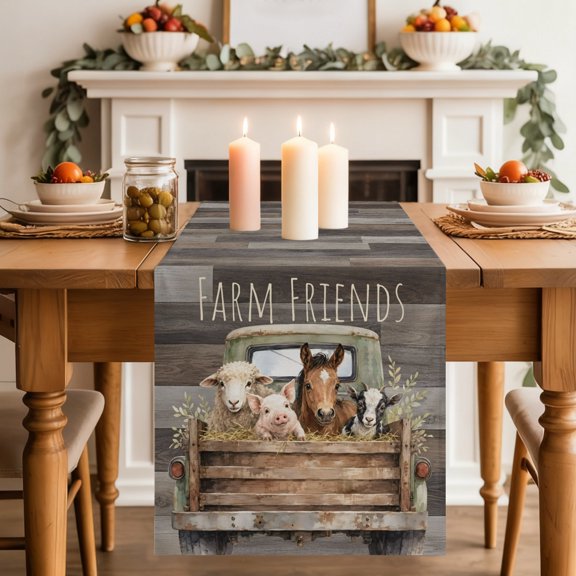 Table Runner 36 Inch Long - Farmhouse Truck Sheep Pig Horse Cow Decorative Table Scarf, Farm Retro Wood Plank Dining Table Runners for Wedding Party Kitchen Dining Tables