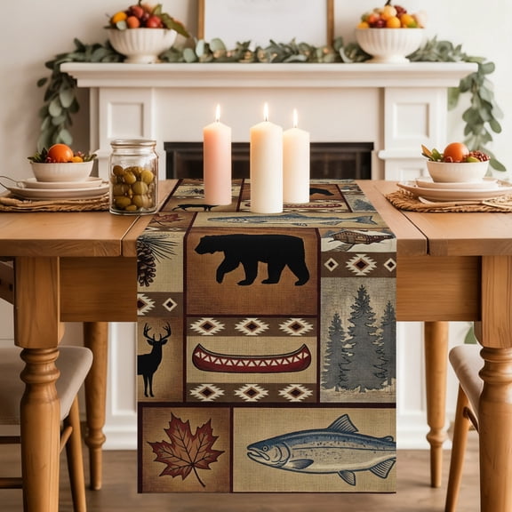 Table Runner 36 Inch Long - Farmhouse Wildlife Collage Decorative Table Scarf, Animal Deer Fish Dining Table Runners for Wedding Party Kitchen Dining Tables