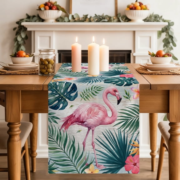Table Runner 36 Inch Long - Flamingo Tropical Leaf Monstera Decorative Table Scarf, Summer Coastal Leaves Dining Table Runners for Wedding Party Kitchen Dining Tables