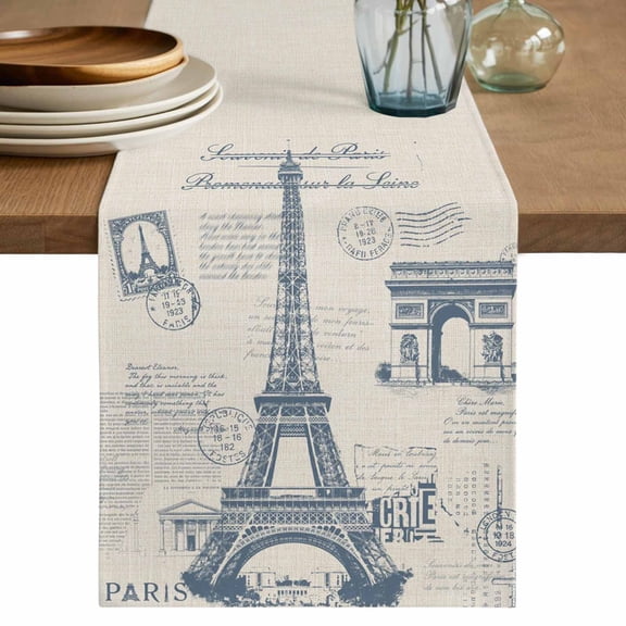 Table Runner - 36 Inch Long, France Towers Kitchen Dining Table Runner Dresser Scarves, Retro Hand-Painted Seal Architectural Art Farmhouse Decor for Coffee Tables Wedding Party Banquet