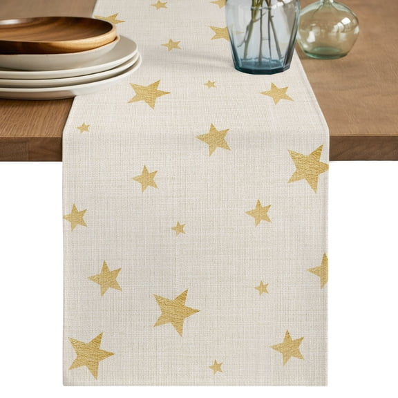 Table Runner 36 Inch Long - Gold Stars on Burlap Linen Decorative Table Scarf, Seamless Shining Star Dining Table Runners for Wedding Party Kitchen Dining Tables